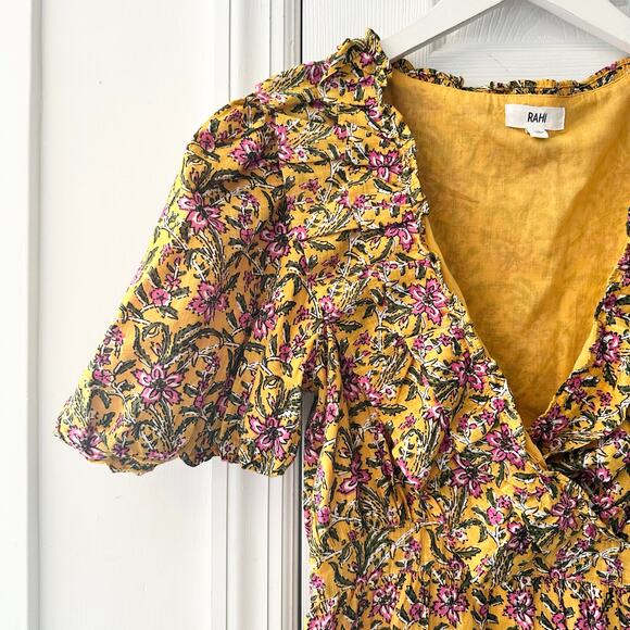 Rahi Yellow Floral Del Sole Chiara Puff Sleeve Ruffle V Neck Mini Dress Cotton S - Picture 3 of 12